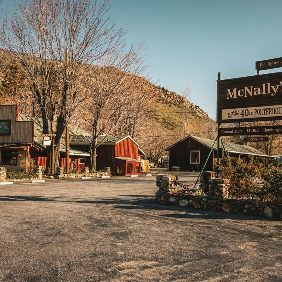McNally's restaurant sign and buildings in a rustic mountain setting with bare trees.