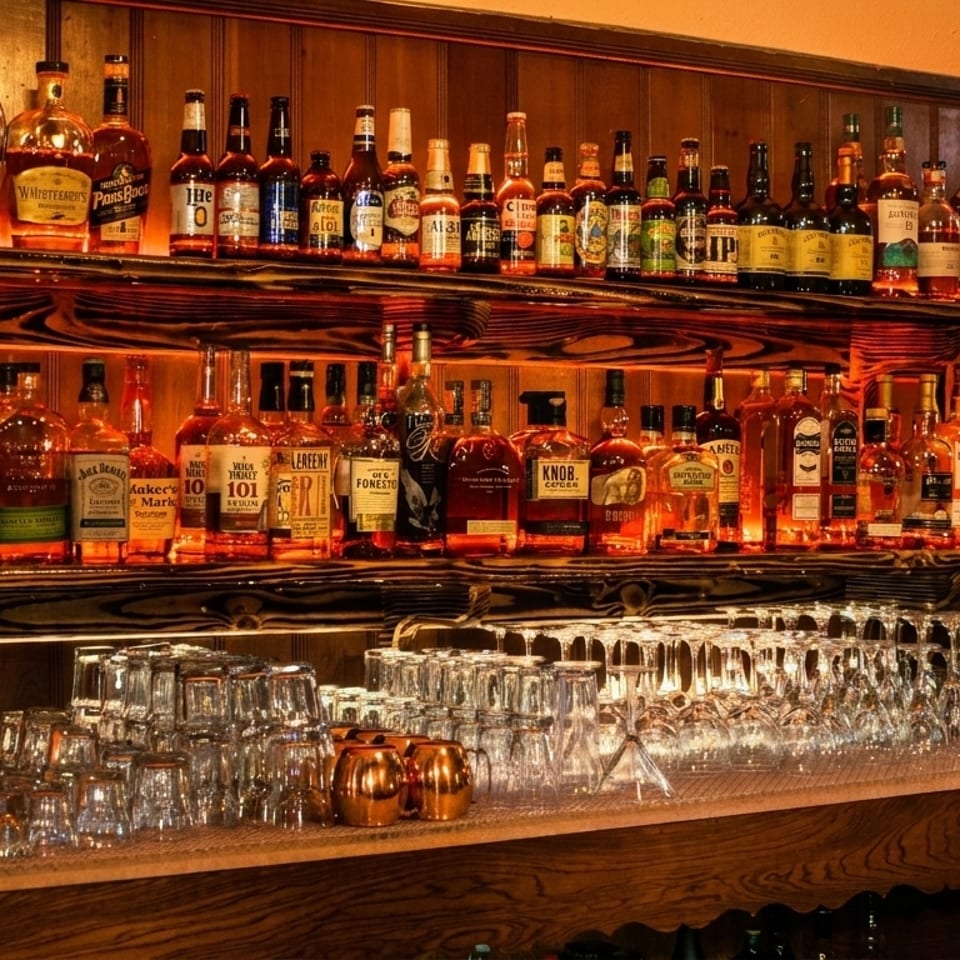 A well-stocked bar with various liquor bottles, wine racks, and rows of clean glasses.