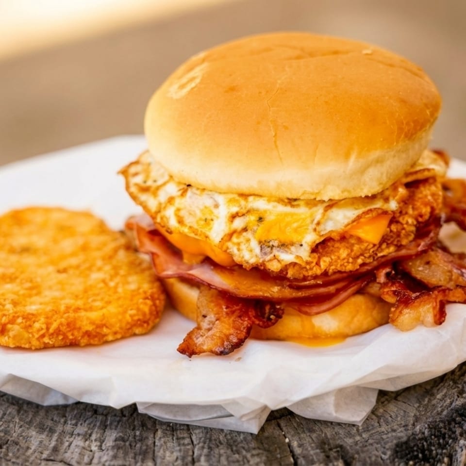 A breakfast sandwich with egg, bacon, and ham, served with a hash brown on a wooden surface.