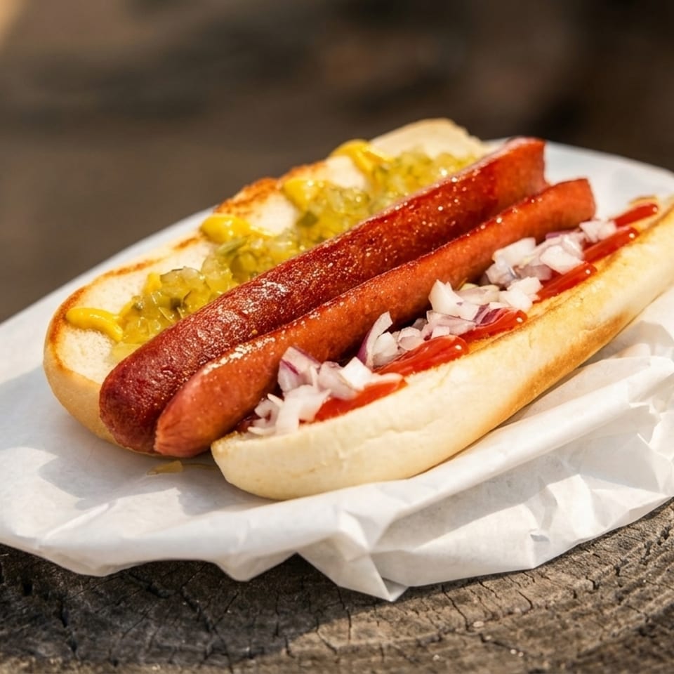 Two hot dogs in buns with mustard, relish, ketchup, and chopped onions on a white paper.
