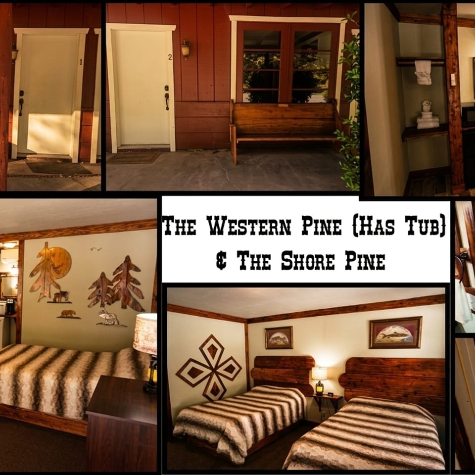 Collage of hotel rooms and bathrooms, featuring rustic decor, wooden furniture, and modern amenities.