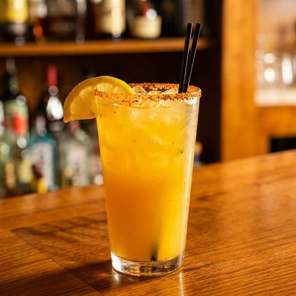 A tall glass of orange cocktail with a lemon slice and two black straws on a wooden bar.