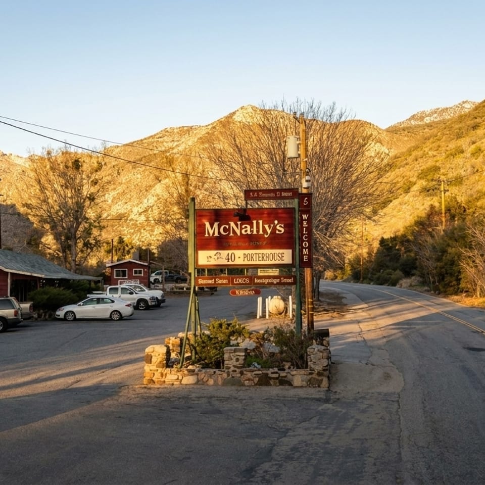 McNally's restaurant sign and parking lot with cars, nestled against sunlit mountains and a winding road.