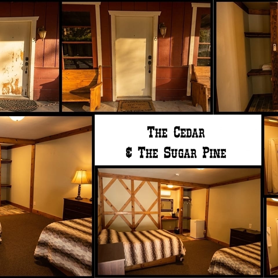 Collage of exterior and interior views of The Cedar and The Sugar Pine rooms.