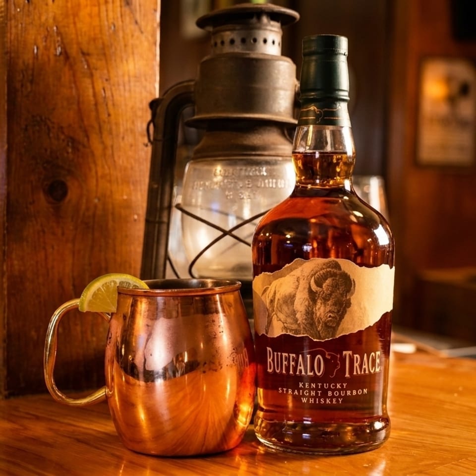 Buffalo Trace bourbon bottle and a copper mug with a lime on a rustic wooden bar.