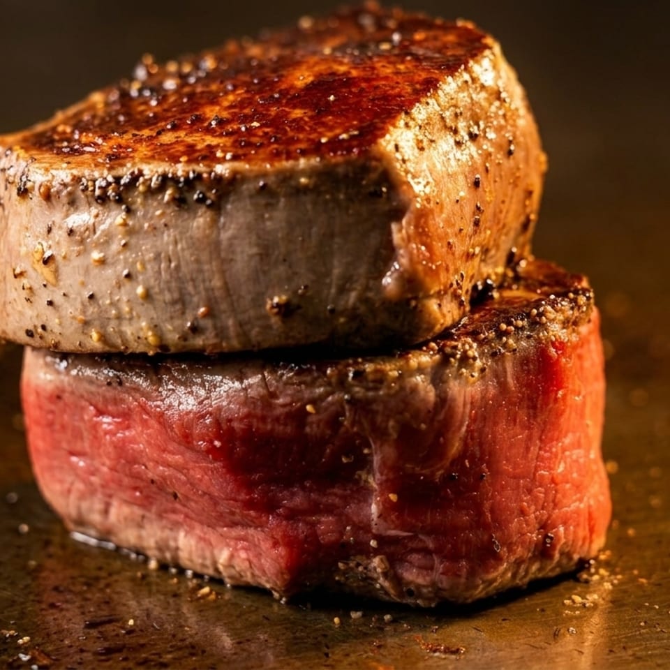 Two perfectly seared, peppered steaks, one stacked atop the other, on a dark surface.