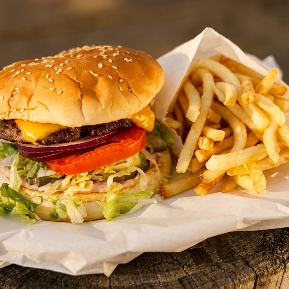 Cheeseburger with lettuce, tomato, onion, and a side of golden french fries on white paper.