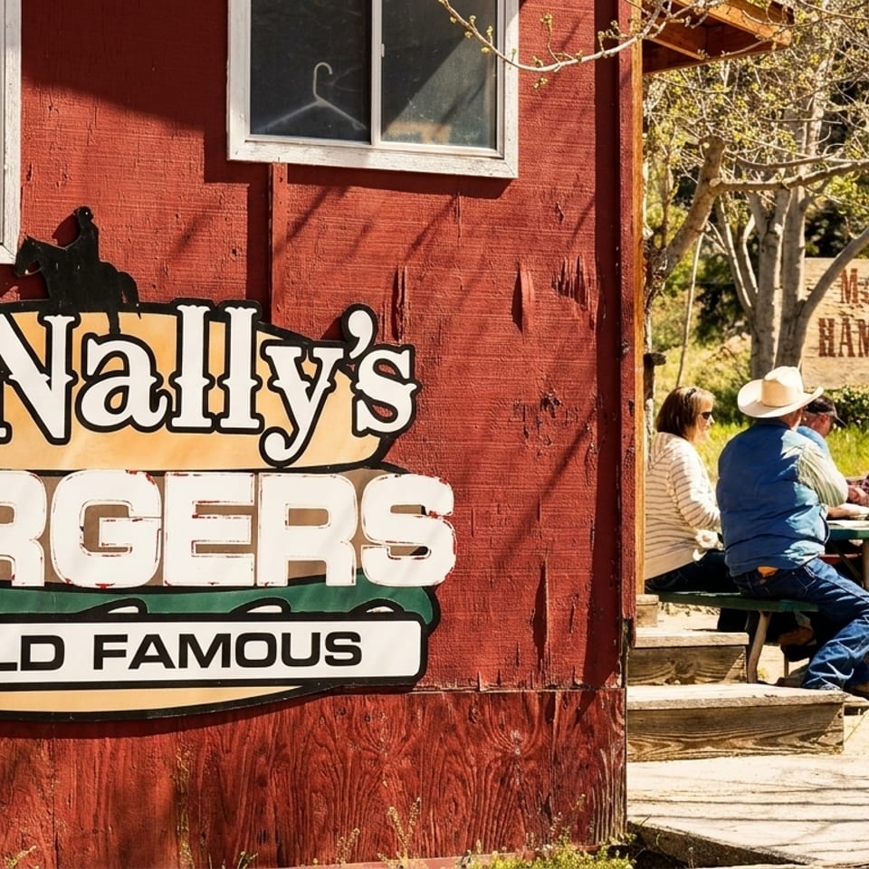 McNally's Burgers sign on a red building with people dining outdoors at picnic tables.